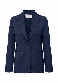 Navyblauer taillierter Blazer mit einem Ein-Knopf-Verschluss, zwei Vorderaschen und einem Reverskragen. Glattes Gewebe mit leichtem Glanz.