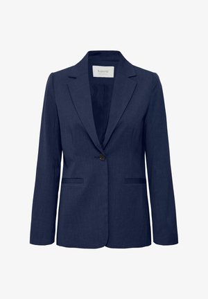 Marineblauwe op maat gemaakte blazer met een enkele knoopsluiting, twee frontzakken en een geknikt kraag. Gladde stof met een lichte glans.