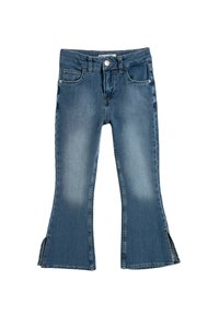 Jeans i medelblått denim med utsvängd bendesign, utrustad med knappstängning framtill, sidofickor och slitsar i sidorna nära fållen.