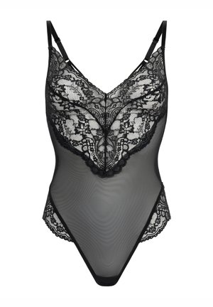 Czarny bodysuit z koronką, wykonany z przezroczystej siateczki, z falbaniastymi brzegami i regulowanymi ramiączkami. Złożony wzór koronkowy na biuście podkreśla detale.