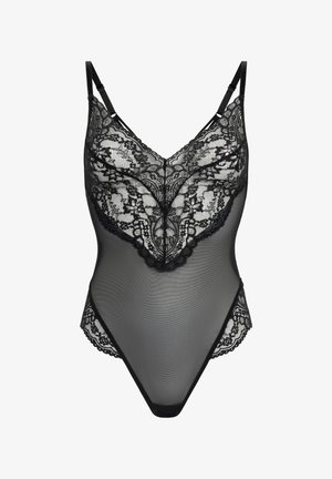 Body din dantelă neagră, cu un corp din plasă transparentă, margini ondulate și bretele ajustabile. Model rafinat din dantelă florală pe bust evidențiază detaliile.