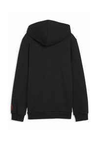 Sweat à capuche noir avec une texture de tissu lisse, manches longues et capuche à cordon. Comprend un détail de logo rouge sur la manche gauche.