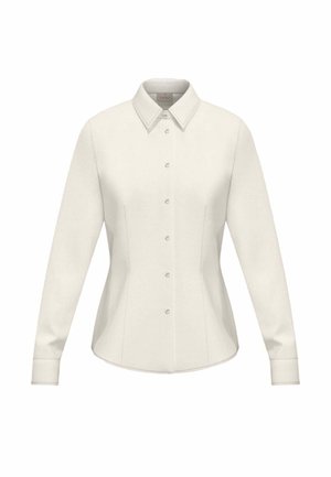Camicia bianca a maniche lunghe con bottoni, collo a punta e vita aderente, mostrata su uno sfondo bianco semplice.