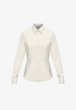 Camicia bianca a maniche lunghe con bottoni, collo a punta e vita aderente, mostrata su uno sfondo bianco semplice.