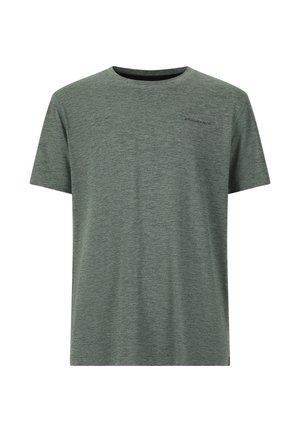 Grøn meleret kortærmet t-shirt lavet af blødt stof, med rund halsudskæring og et lille logo på brystet.