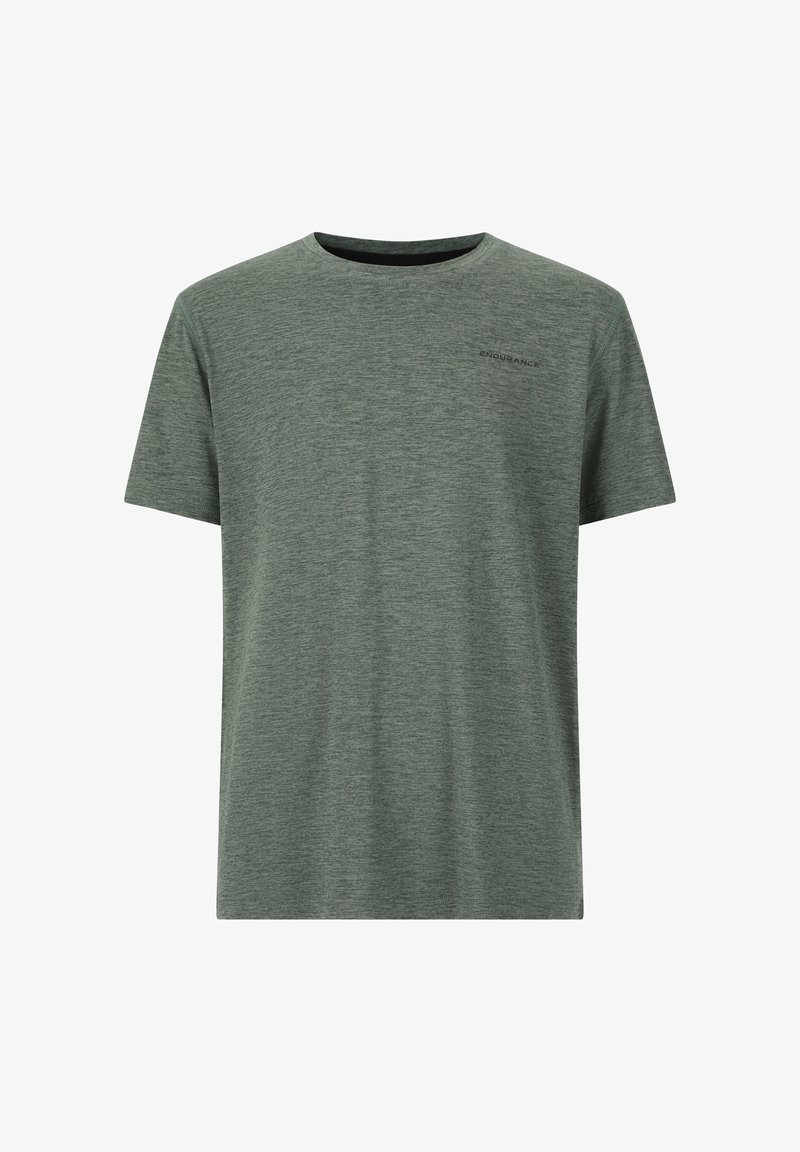 T-shirt vert chiné à manches courtes en tissu doux, avec un col rond et un petit logo sur la poitrine.