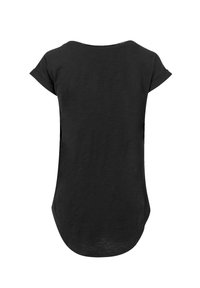 Black short-sleeve t-shirt with a rounded neckline and a curved hem, made of soft fabric. The back is plain without any embellishments.