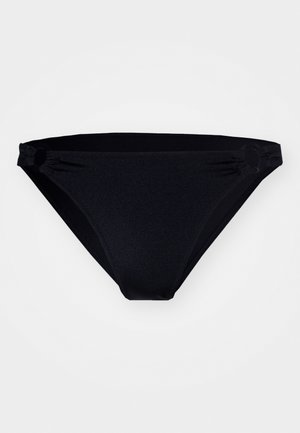 Svart bikini underdel gjord av mjukt tyg. Har en låg midja design, sammanknipna sidor med cirkulära detaljer och minimal täckning.