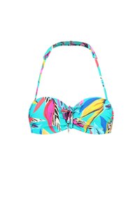 Top bikini colorato con un motivo tropicale multicolore su sfondo turchese, spalline regolabili e un dettaglio anteriore annodato.