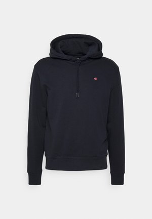 Donkerblauwe hoodie gemaakt van een katoenmix. Voorzien van een voorste kangoeroezak, trekkoord in de capuchon, ribgebreide manchetten en een klein logopatch.