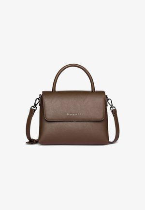 Braune synthetische Handtasche mit strukturiertem Design, einem oberen Griff, abnehmbarem Schulterriemen und einem magnetischen Klappenverschluss mit dem Markenlogo.