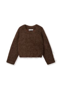 Suéter corto marrón hecho de un material aterciopelado, con mangas largas, cuello redondo y una textura suave. La etiqueta interior dice "10 DAYS".