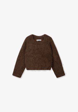Maglione corto marrone realizzato in materiale morbido e peloso, con maniche lunghe, scollo rotondo e una texture soffice. L'etichetta interna riporta la scritta "10 DAYS."
