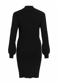 Abito nero lavorato a maglia con collo a imbuto, maniche lunghe a sbuffo e silhouette aderente, caratterizzato da una texture a coste su tutta la superficie.