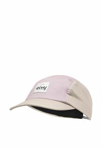 Rosa und beige Kappe mit einem geschwungenen Schild, Netzseitenpanels, einem Markenpatch auf der Vorderseite und einer strukturierten Form. Weicher Stofftextur.