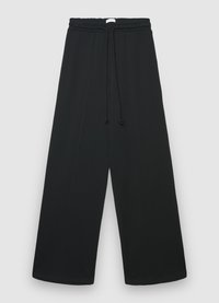 Pantalon noir à jambes larges en matière douce, doté d'une ceinture élastique avec cordon de serrage et de coutures soignées sur les côtés.