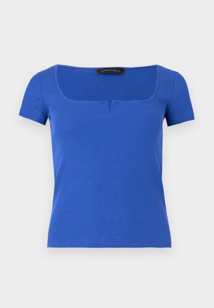 Blue short-sleeve ribbed knit top with square neckline featuring a small V-notch cutout at the center front.