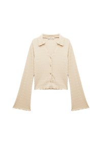 Beige tekstureret langærmet cropped cardigan med flagrende ærmer, krave og front lukning med knapper.