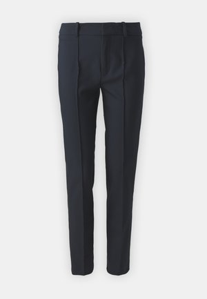 Pantaloni tailored blu navy con una texture liscia, dotati di pieghe frontali, passanti per cintura e un design a gamba dritta, realizzati in un tessuto leggero.