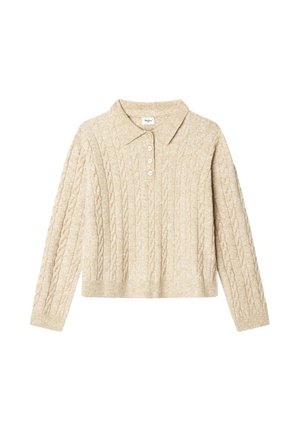 Beige kabeltrui met lange mouwen, een kraag en vier knopen op de voorkant, gemaakt van zacht, gestructureerd garen.