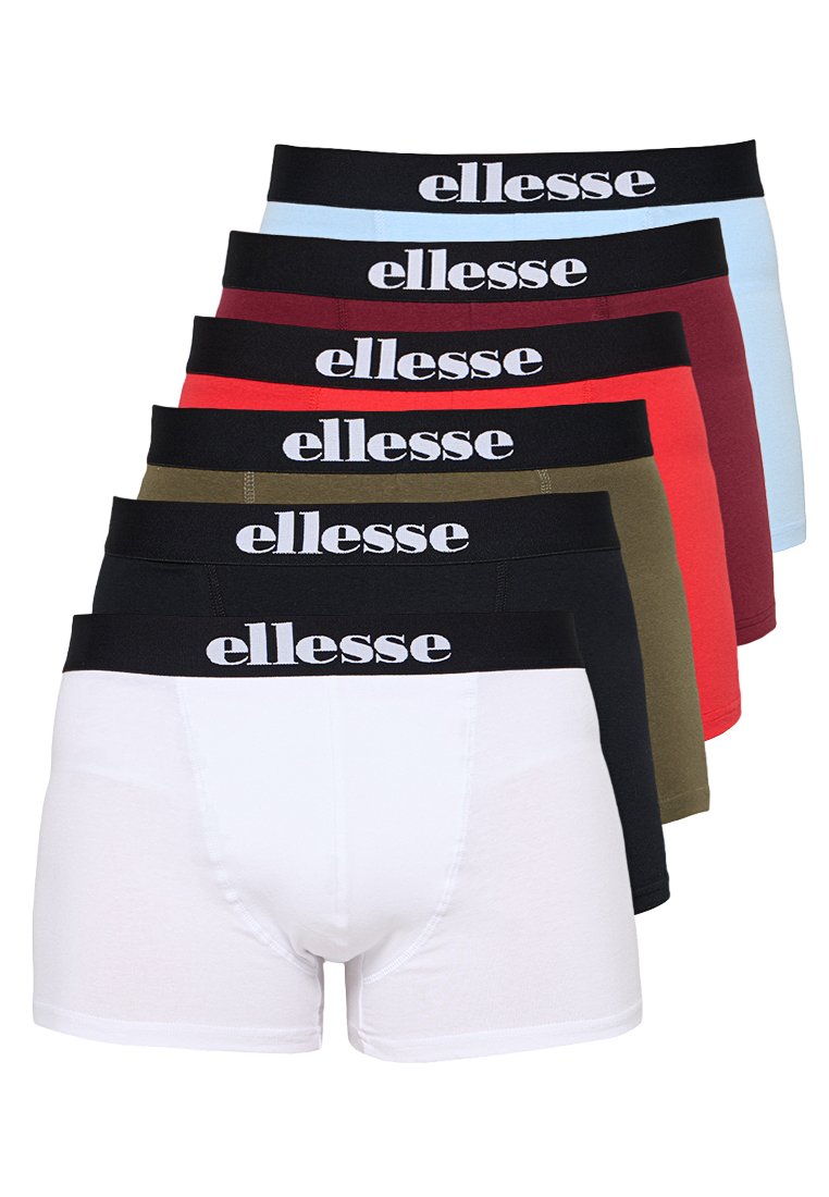 Zestaw sześciu slipów typu boxer w różnych kolorach: czarnym, czerwonym, zielonym, granatowym, białym i jasnoniebieskim, z czarnym elastycznym paskiem w talii z logo "ellesse".