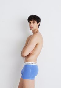 Blaue Baumwoll-Boxershorts mit einem weißen Bund, der den Markennamen trägt. Das Modell steht seitlich vor einem schlichten Hintergrund.