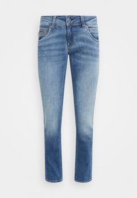 Ljusblå denimjeans med rak benått, som har framfickor, dragkedja och lätt blekning på låren för en sliten look.