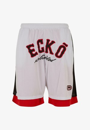 White mesh shorts with red and black accents. Features large black and red lettering "ECKŌ" and "unlimited" on the back. Red hem detail.