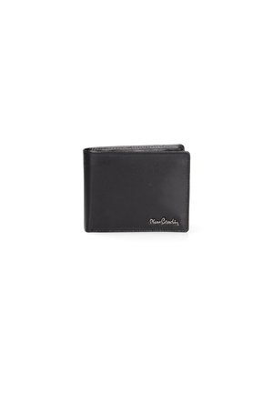 Portefeuille en cuir noir au design bifold, texture lisse et détail logo argenté à l'avant. Compact et minimaliste dans sa forme.