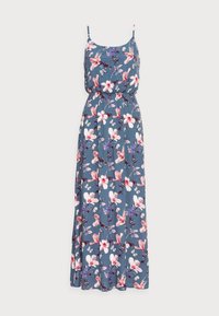Blå blommig maxiklänning med rosa och vita blommor, tunna band och elastisk midja.