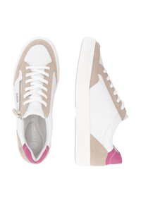 White sneakers with light beige suede accents and pink heel detail. Features include laces, side zipper, and textured rubber sole.
