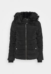 Černá péřová bunda s kožešinovou kapucí, zipovým zapínáním a žebrovanými manžetami. Obsahuje prošívaný design a dvě přední kapsy. Měkká textura.