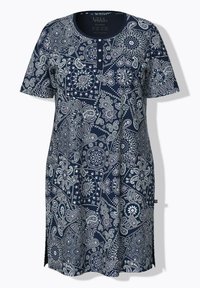 Námořnické šaty s krátkým rukávem, zdobené paisley vzorem v bílé a levandulové barvě, s kulatým výstřihem a detailním knoflíkem na prsou.