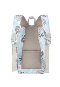 Kinderbackpack met een gevoerd mesh rugpaneel, witte stof met pastel bloemenpatronen, grijze accenten en verstelbare banden.