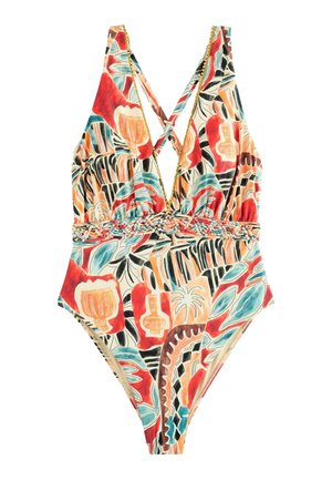 Jednodielne plavky so širokými ramienkami krížiacimi sa na chrbte, farebný abstraktný vzor s červenými, modrými, oranžovými a béžovými tónmi, a vrkočový detail v páse.