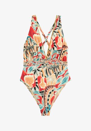 Vienos dalies maudymosi kostiumėlis su plačiomis petnešėlėmis, kurios susikerta nugaroje, spalvingas abstraktinis raštas raudonos, mėlynos, oranžinės ir smėlio spalvų tonais, bei pintas juosmens detalė.