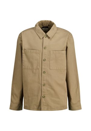 Veste en coton beige avec un col pointu, fermeture à boutons sur le devant et deux poches poitrine. Possède des manches longues et une texture lisse.