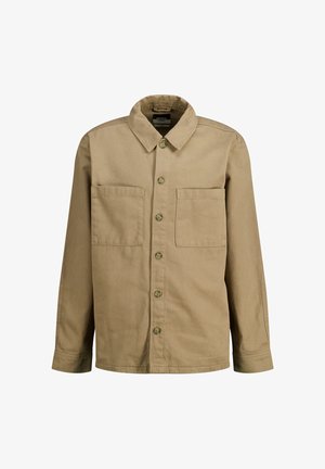 Veste en coton beige avec un col pointu, fermeture à boutons sur le devant et deux poches poitrine. Possède des manches longues et une texture lisse.