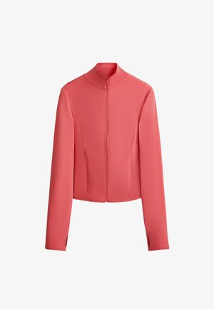 Veste zippée corail avec col montant, manches longues et poches latérales. Fabriquée en tissu lisse, elle présente un design court.