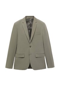 Olive green blazer with a notched collar, two front pockets, and a single button closure. Features a smooth inner lining for comfort.