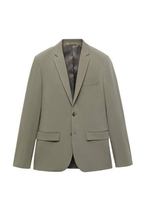 Olive green blazer with a notched collar, two front pockets, and a single button closure. Features a smooth inner lining for comfort.