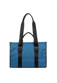 Borsa a tracolla blu con manici e dettagli neri, caratterizzata da una forma rettangolare e una superficie in tessuto liscia e testurizzata.