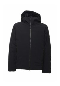 Sort hættejakke med forlynlås og to lynlåslommer i siderne, designet til koldt vejr.