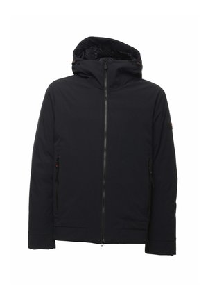 Zwarte capuchonjas met ritssluiting aan de voorkant en twee met rits afsluitbare zijzakken, ontworpen voor koud weer.