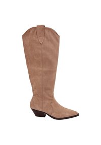 Bottes de cowboy en suede tan avec un bout pointu, hauteur mi-mollet, et un motif de couture décoratif. Elles possèdent un petit talon compensé.