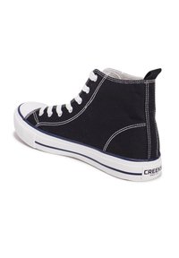 Zapatilla alta de lona negra con punta y suela de goma blanca, con costuras blancas y un pequeño logo en el talón.