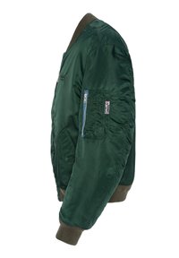 Giubbotto bomber in nylon verde con tasca con zip sulla manica, polsini e colletto a coste. Texture liscia con un design aderente.