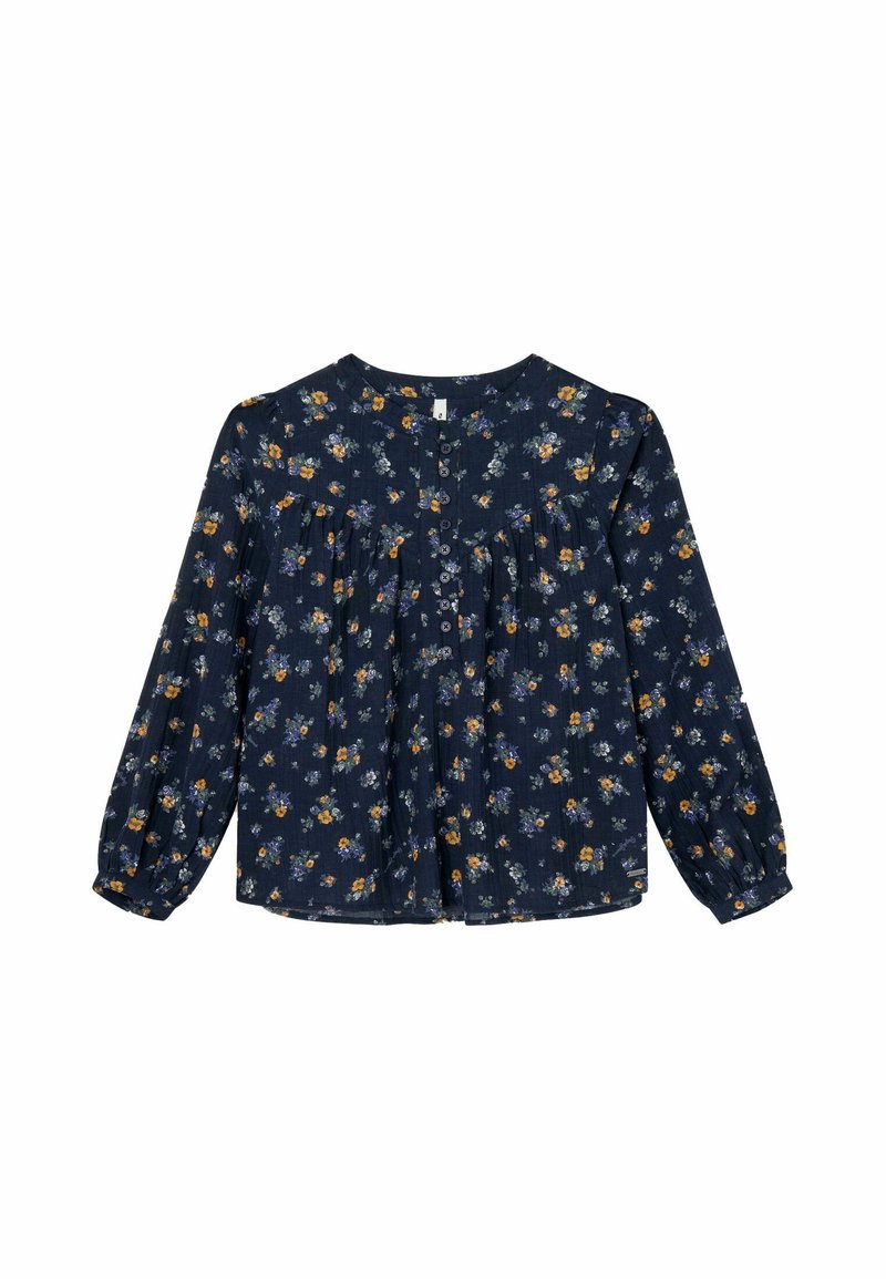 Blouse à manches longues bleu marine avec imprimé floral composé de petites fleurs orange, blanches et violettes, boutons sur le devant et détails à l'empiècement froncé.