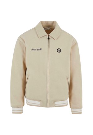 Beige Bomberjacke aus weichem Material, mit durchgehendem Reißverschluss, seitlichen Taschen, gerippten Bündchen und gesticktem Detail "Since 1966".