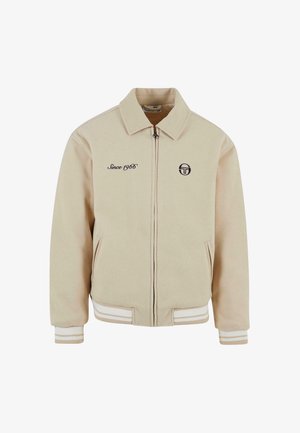 Beige Bomberjacke aus weichem Material, mit durchgehendem Reißverschluss, seitlichen Taschen, gerippten Bündchen und gesticktem Detail "Since 1966".